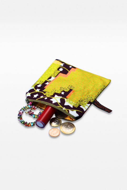 A colourful fabric pouch with a zipper on a white background.