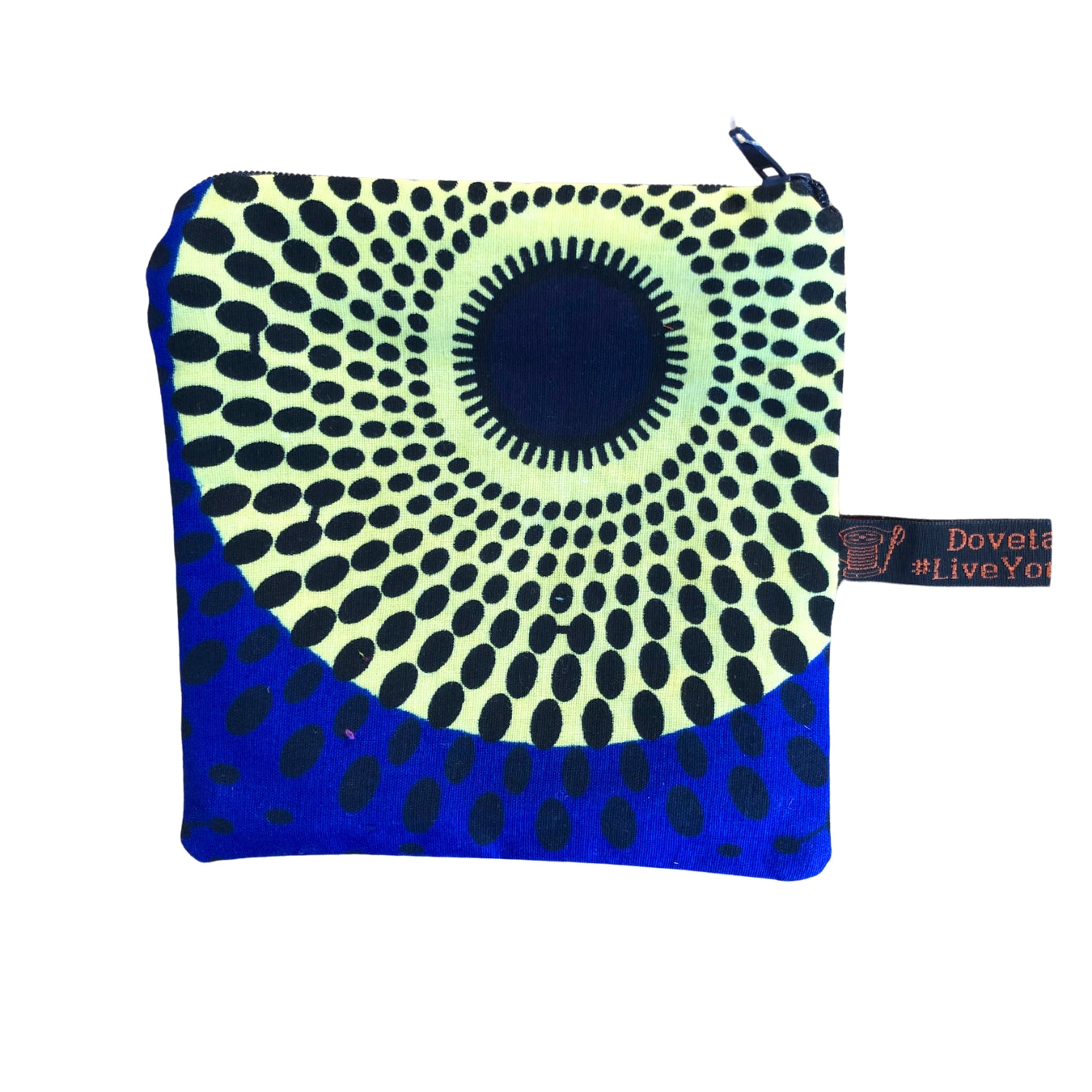 A blue and yellow pouch with a black circle on a white plain background.