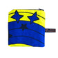 A blue and yellow pouch with blue stars on a white plain background.