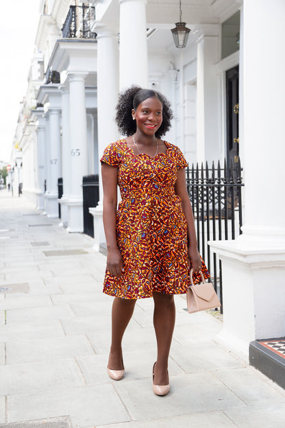 The Ultimate Oma African Print Scallop neckline Knee-Length Dress Orange Ankara