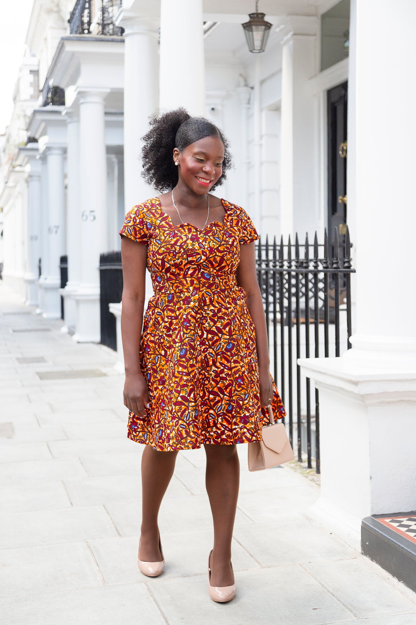 The Ultimate Oma African Print Scallop neckline Knee-Length Dress Orange Ankara