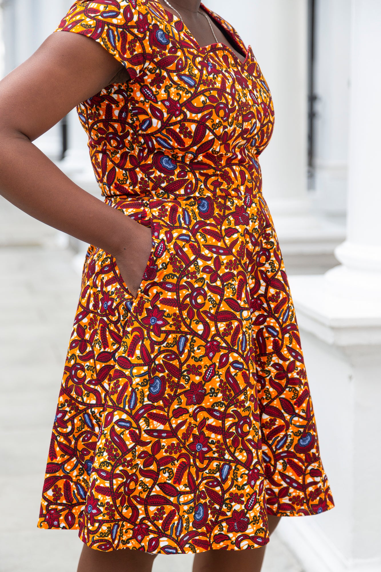 The Ultimate Oma African Print Scallop neckline Knee-Length Dress Orange Ankara