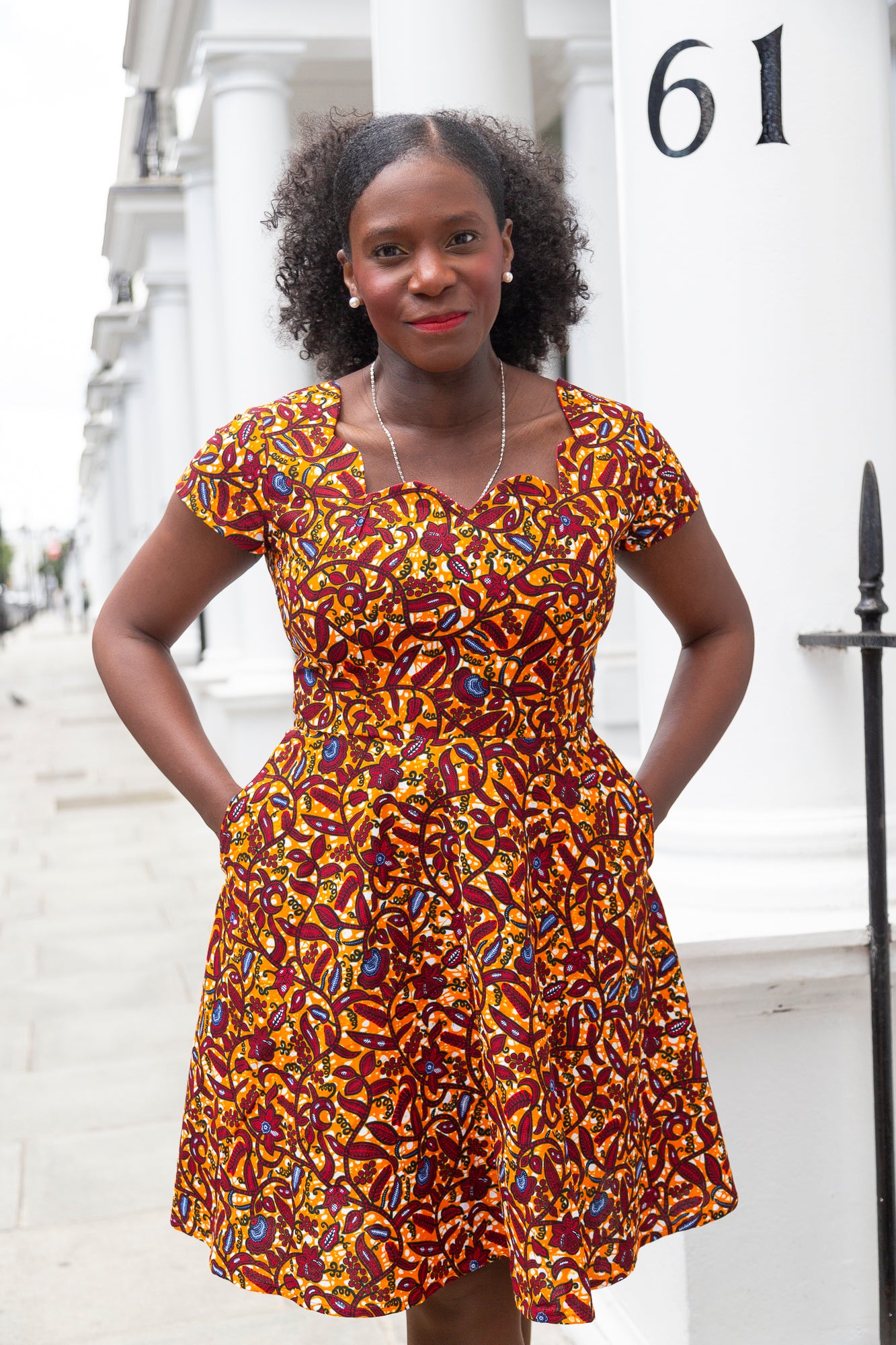 The Ultimate Oma African Print Scallop neckline Knee-Length Dress Orange Ankara