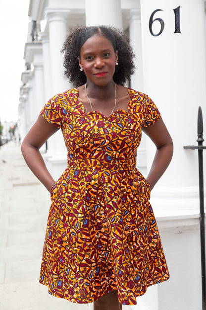 The Ultimate Oma African Print Scallop neckline Knee-Length Dress Orange Ankara