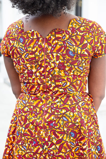 The Ultimate Oma African Print Scallop neckline Knee-Length Dress Orange Ankara