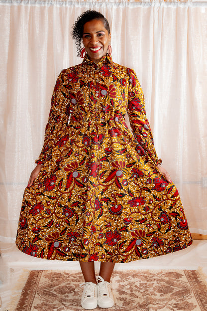 Onyeka African Print Shirt Dress in Brown Ankara Dress paired with white trainers