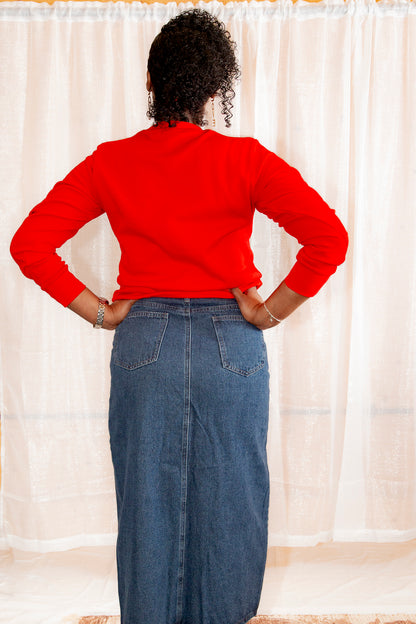 Model posing in African Print Ankara Red Hearts Cotton-Blend Sweatshirt.