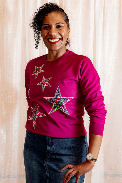 Model Posing in African Print Ankara Purple Stars Cotton-Blend Sweatshirt