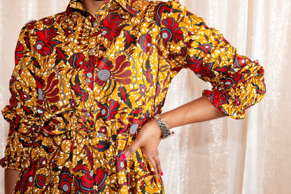 hand posing in Onyeka African Print Shirt Dress in Brown Ankara Dress