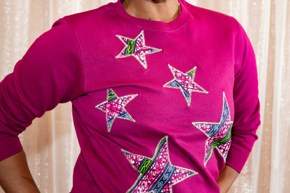 Model posing in African Print Ankara Purple Stars Cotton-Blend Sweatshirt.