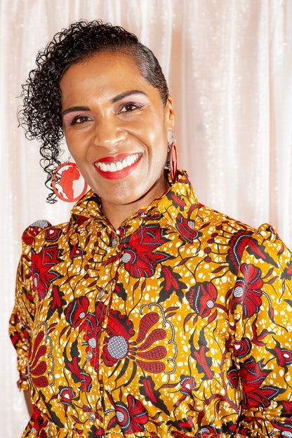 headshot of model in Onyeka African Print Shirt Dress in Brown Ankara Dress