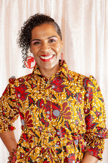 headshots of model in Onyeka African Print Shirt Dress in Brown