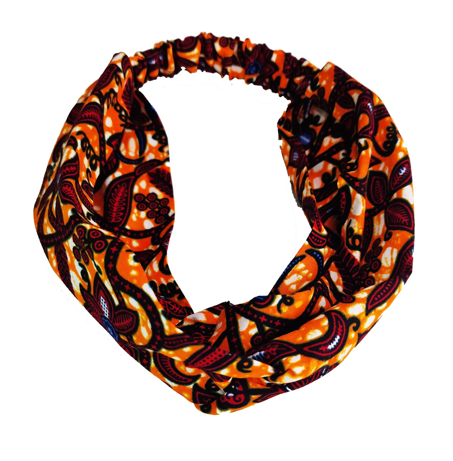 An orange patterned headband on a white plain background.