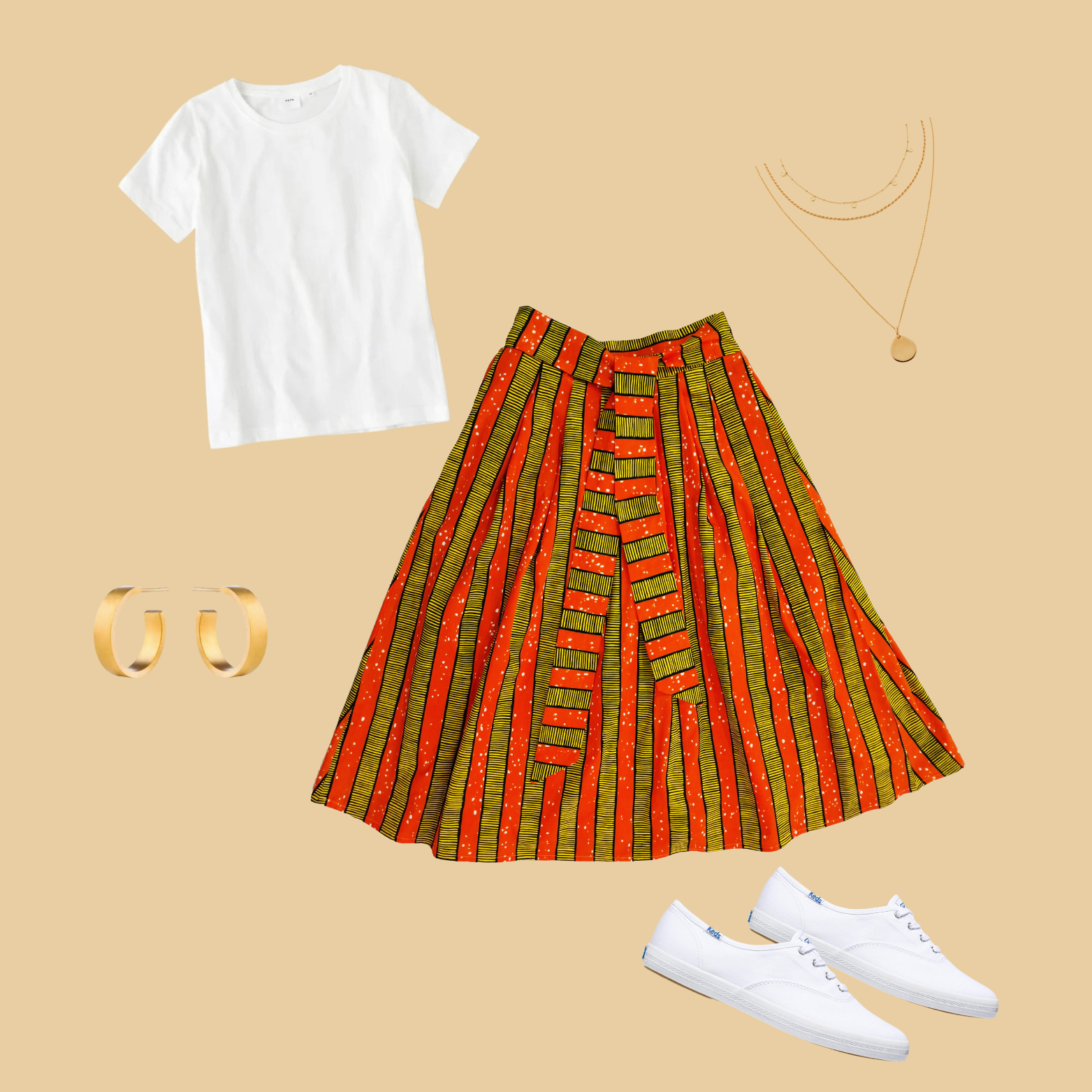 An inspiring collage featuring a yellow-orange striped skirt adorned with a tie belt, thoughtfully paired with a crisp white top, trendy white sneakers, and complemented by stylish jewellery.
