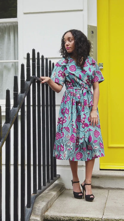 The Ultimate Nneka African Print Pink/Blue Floral Wrap Knee-Length Dress Ankara